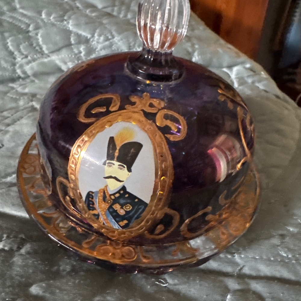 Cobalt Blue Glass Persian Portrait round butter or cheese dish Ornate